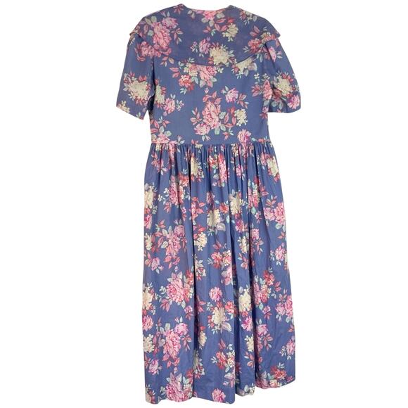 Vintage Laura Ashley Blue Floral Button-Up Dress Tie Collar Cottagecore Praire - Picture 4 of 10